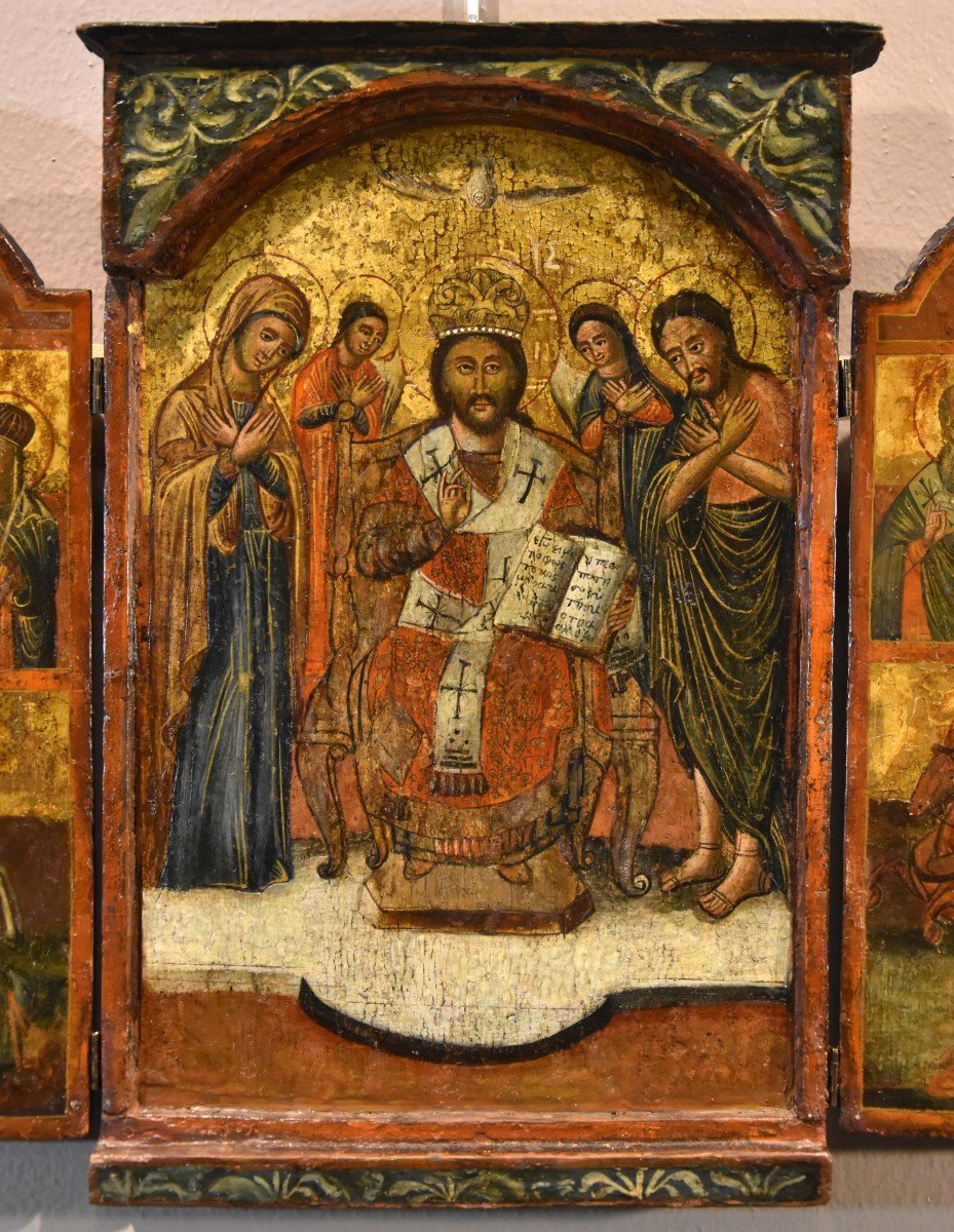 Icône grecque en triptyque représentant la Déesse et les saints, Grèce XVIIe siècle-photo-4