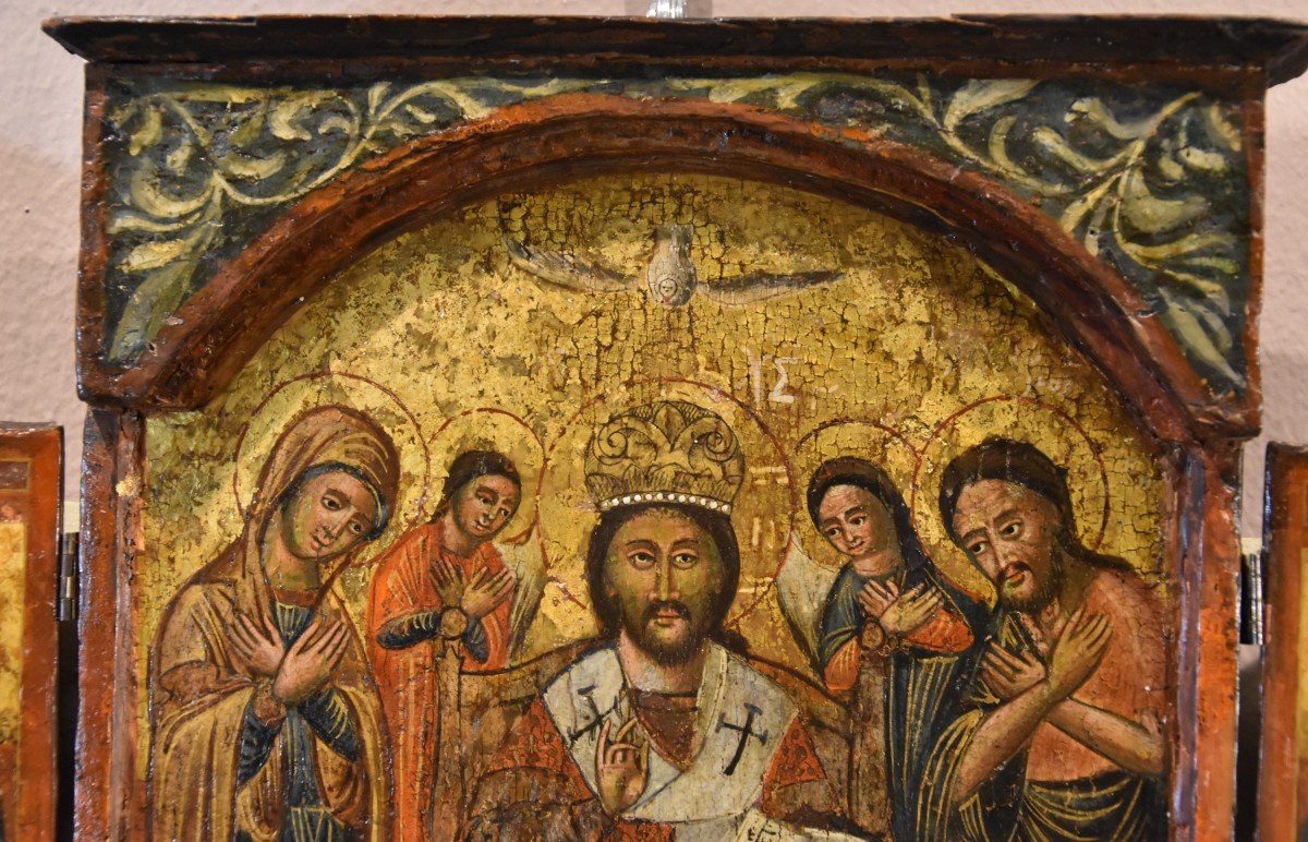 Icône grecque en triptyque représentant la Déesse et les saints, Grèce XVIIe siècle-photo-1
