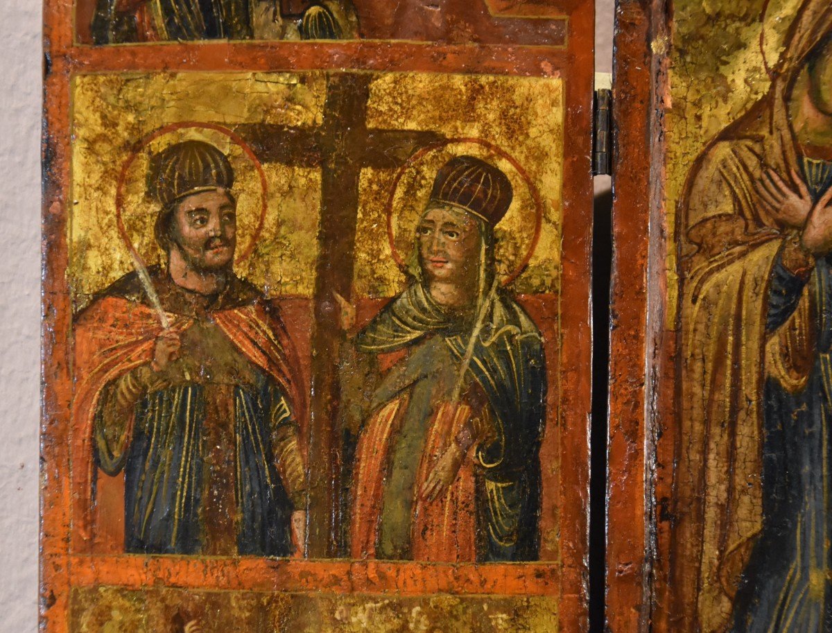 Icône grecque en triptyque représentant la Déesse et les saints, Grèce XVIIe siècle-photo-2