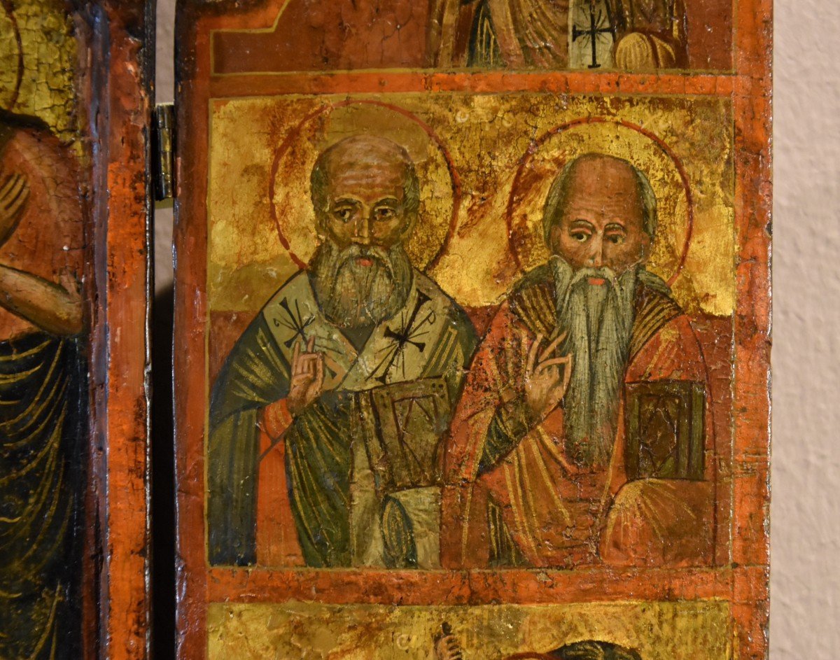 Icône grecque en triptyque représentant la Déesse et les saints, Grèce XVIIe siècle-photo-3