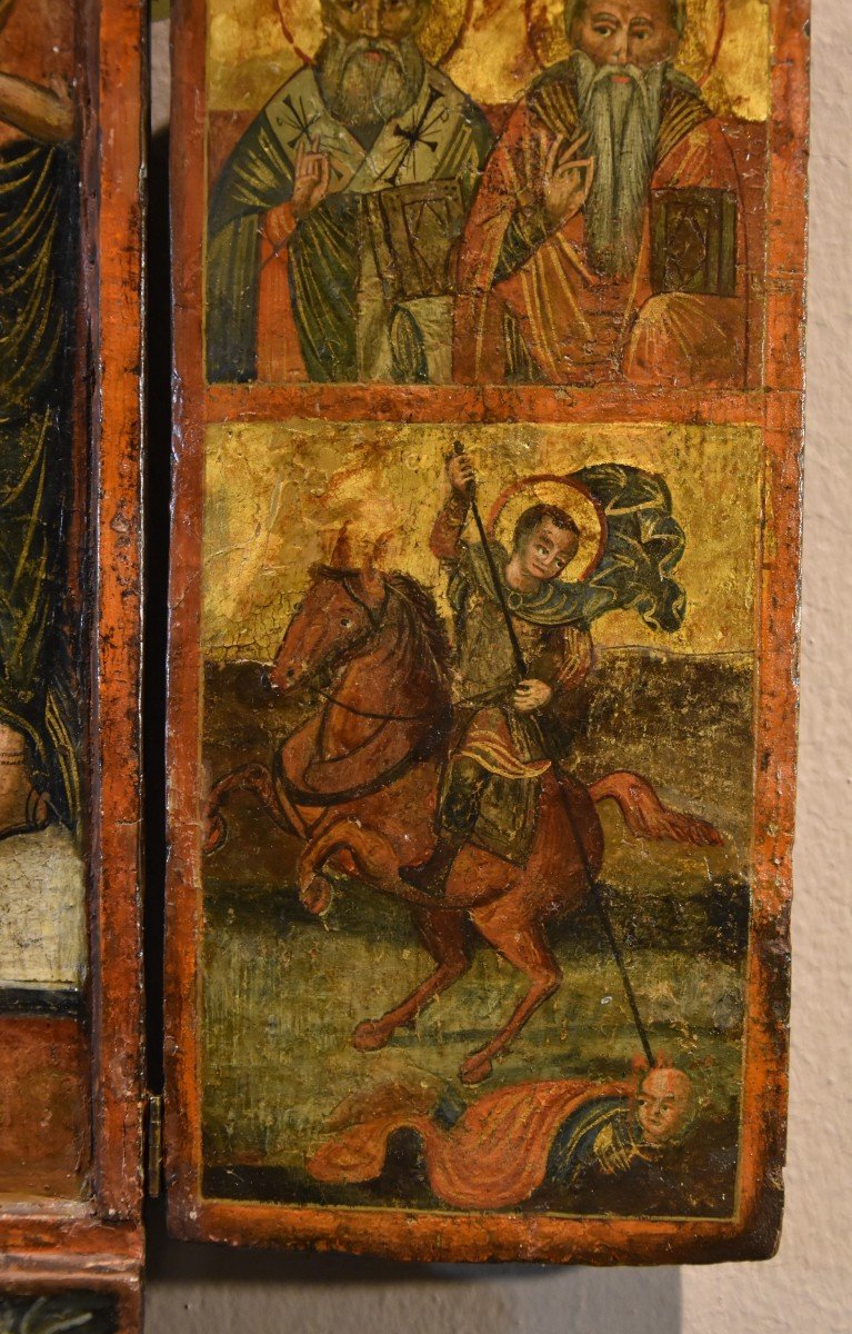 Icône grecque en triptyque représentant la Déesse et les saints, Grèce XVIIe siècle-photo-4