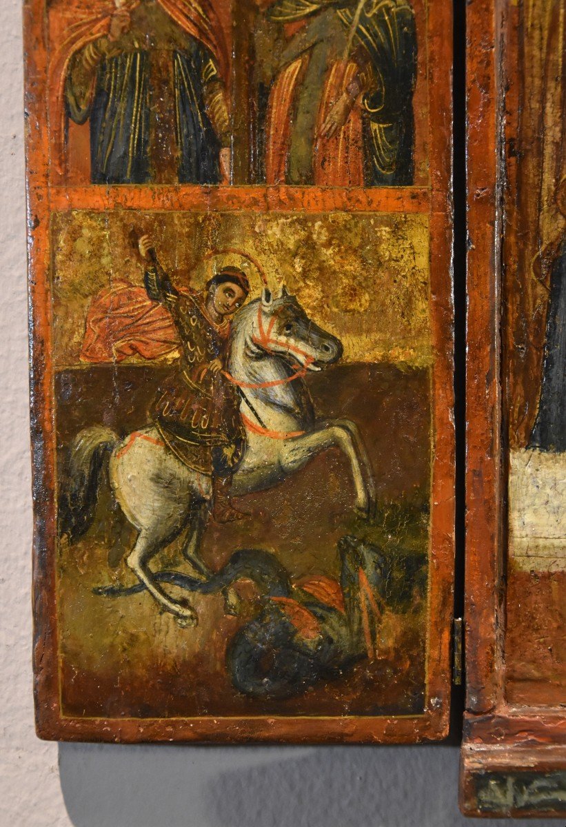 Icône grecque en triptyque représentant la Déesse et les saints, Grèce XVIIe siècle-photo-6