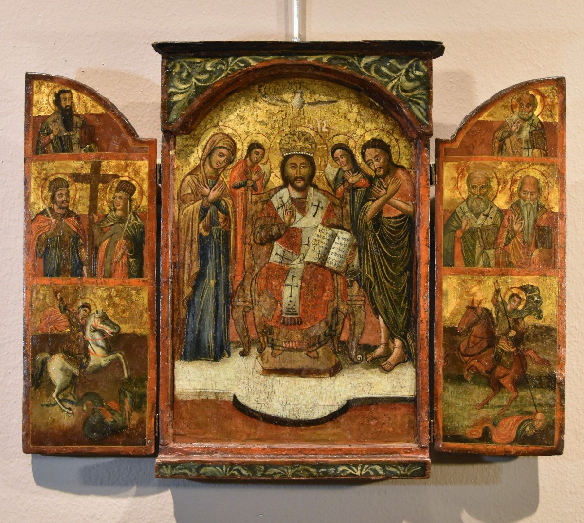 Icône grecque en triptyque représentant la Déesse et les saints, Grèce XVIIe siècle