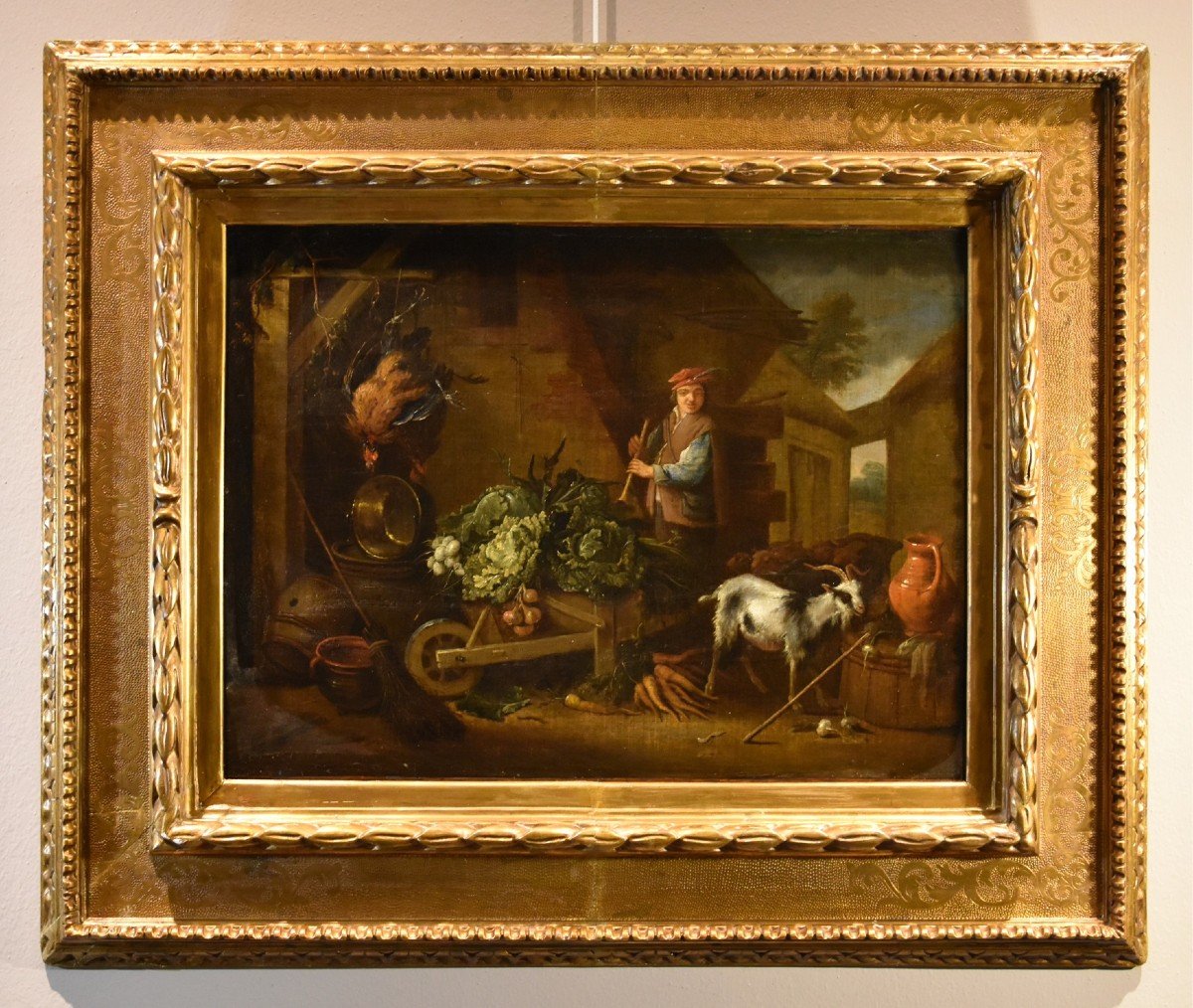 Adriaen de Gryef (Leida 1657 - Bruxelles 1722) firmato, Contadino nel cortile con natura morta -photo-2
