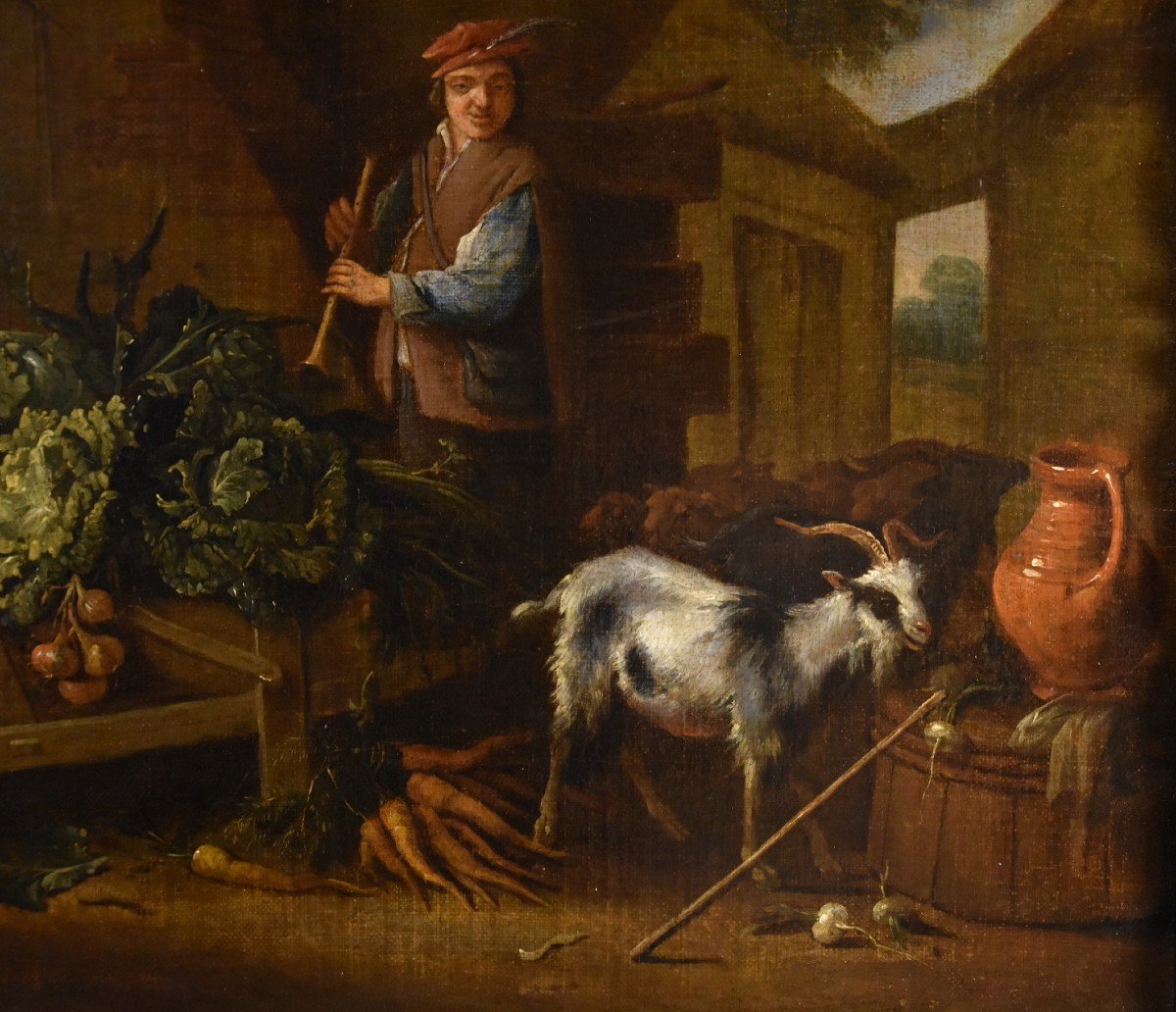 Adriaen de Gryef (Leida 1657 - Bruxelles 1722) firmato, Contadino nel cortile con natura morta -photo-2