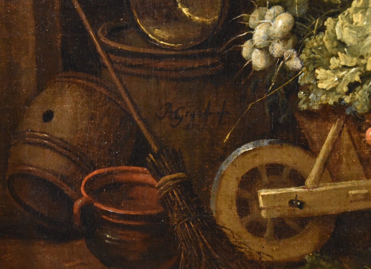 Adriaen de Gryef (Leida 1657 - Bruxelles 1722) firmato, Contadino nel cortile con natura morta -photo-4