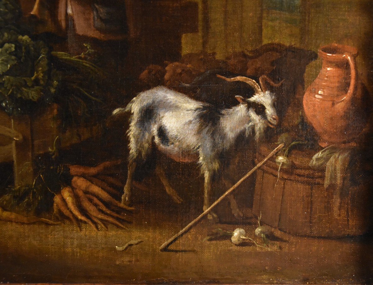 Adriaen de Gryef (Leida 1657 - Bruxelles 1722) firmato, Contadino nel cortile con natura morta -photo-5