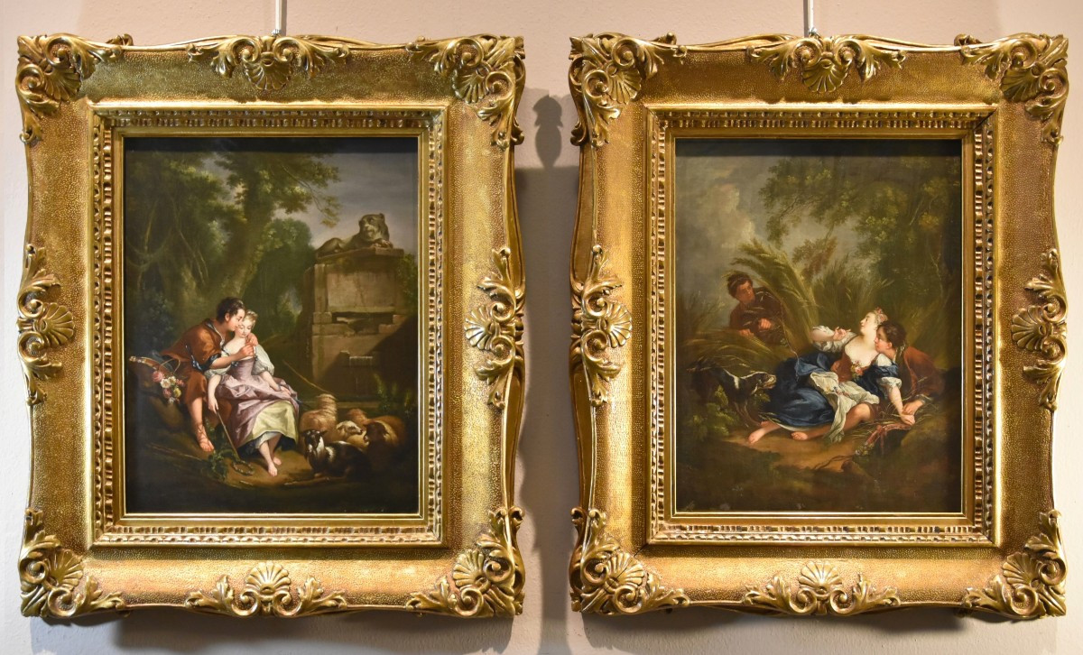 Francois Boucher (Parigi, 1703 - 1770), Gli amanti sorpresi/ La piacevole lezione