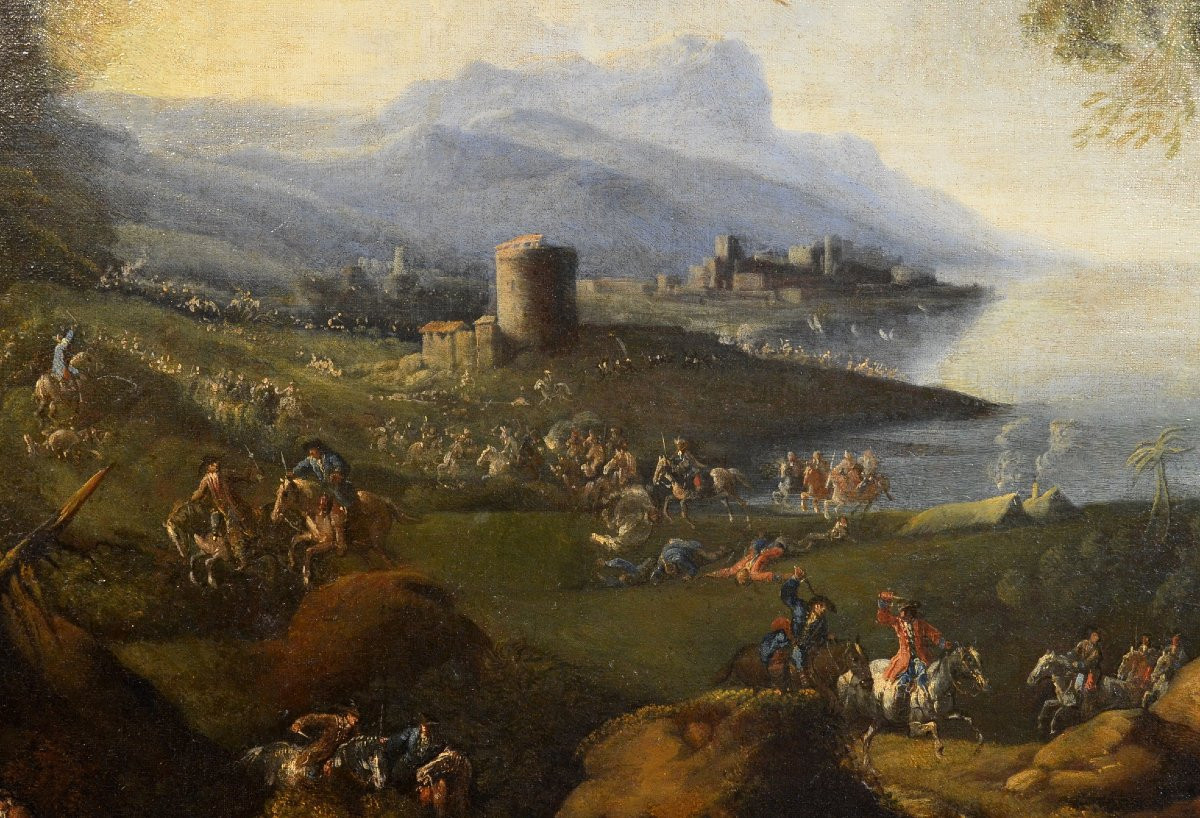Pandolfo Reschi (1643 - 1699 ), Paesaggio costiero con città fortificata, torrione, e scena di -photo-3