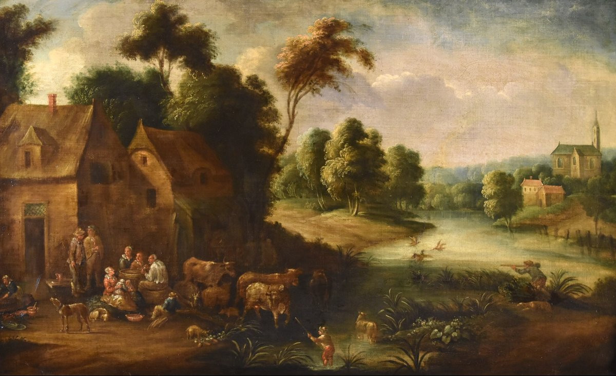 Théobald Michou (Tournai, 1676 – Anversa, 1765), Paesaggio fluviale con villaggio-photo-2