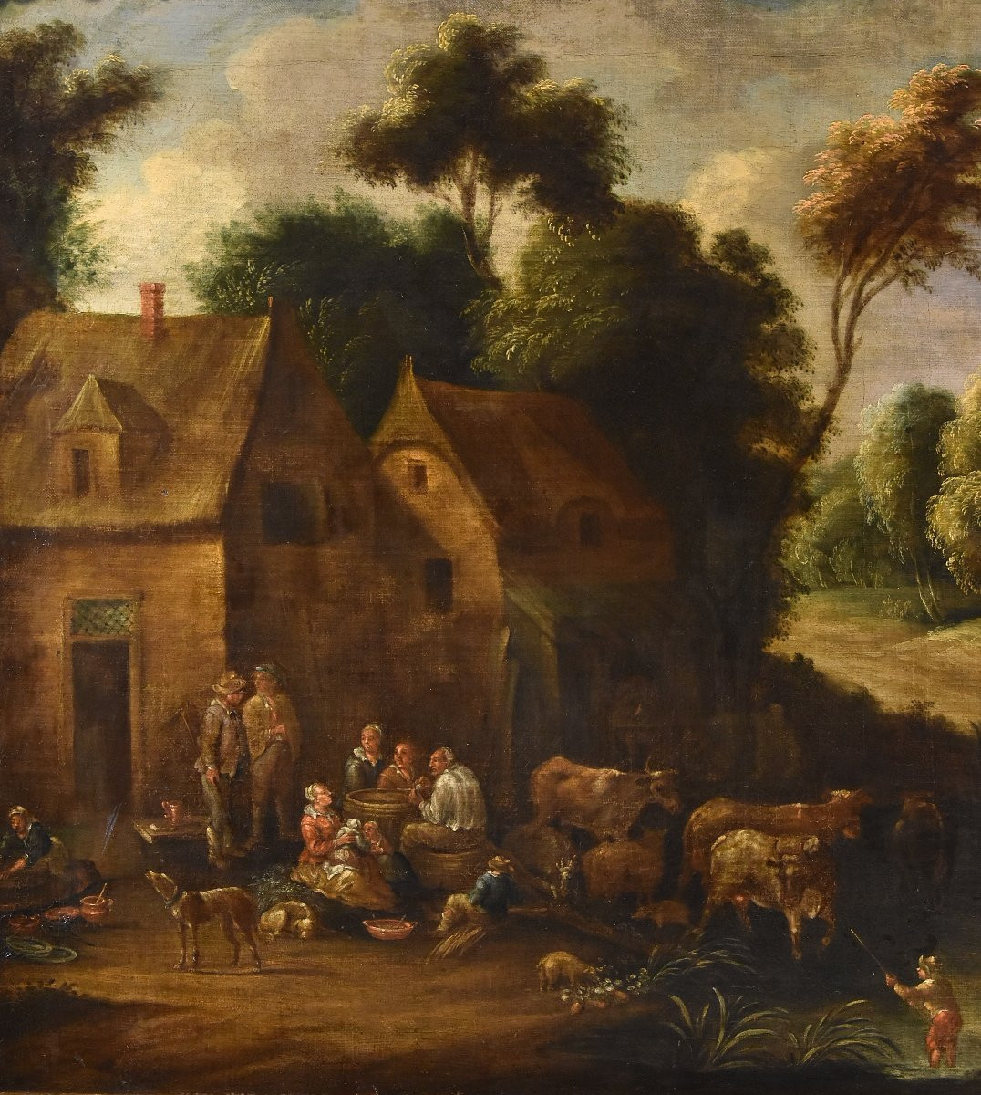 Théobald Michou (Tournai, 1676 – Anversa, 1765), Paesaggio fluviale con villaggio-photo-3
