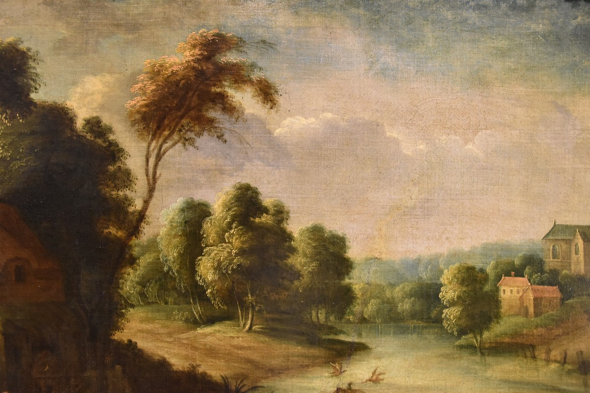 Théobald Michou (Tournai, 1676 – Anversa, 1765), Paesaggio fluviale con villaggio-photo-4