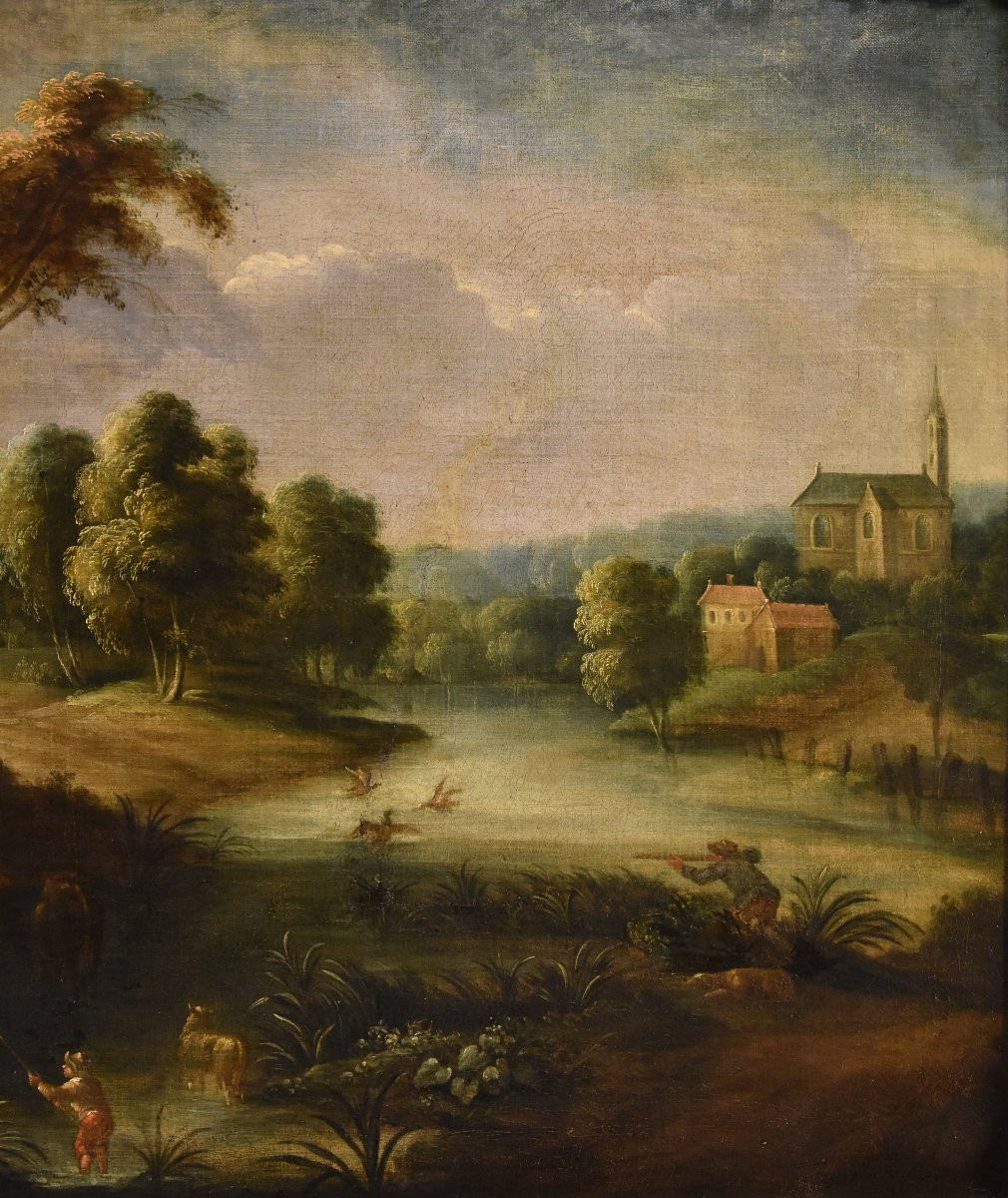 Théobald Michou (Tournai, 1676 – Anversa, 1765), Paesaggio fluviale con villaggio-photo-2