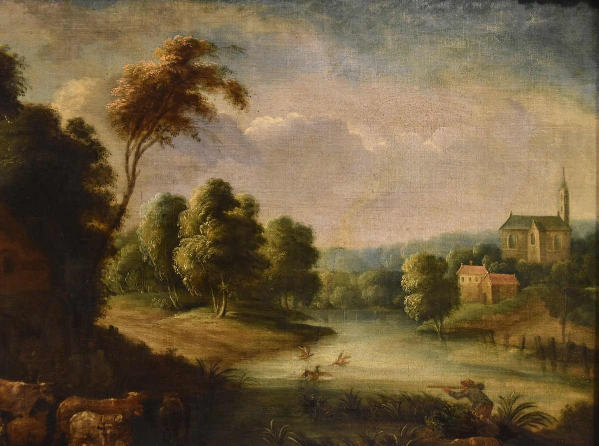 Théobald Michou (Tournai, 1676 – Anversa, 1765), Paesaggio fluviale con villaggio-photo-6