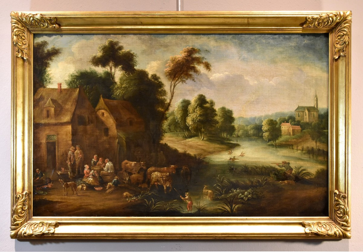 Théobald Michou (Tournai, 1676 – Anversa, 1765), Paesaggio fluviale con villaggio
