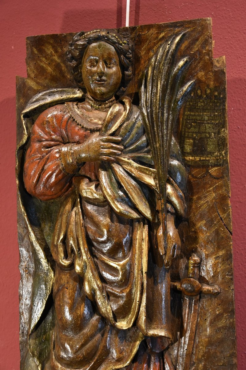 Altorilievo in legno ‘Santa Barbara’, Sud della Francia XVI/XVII secolo-photo-3