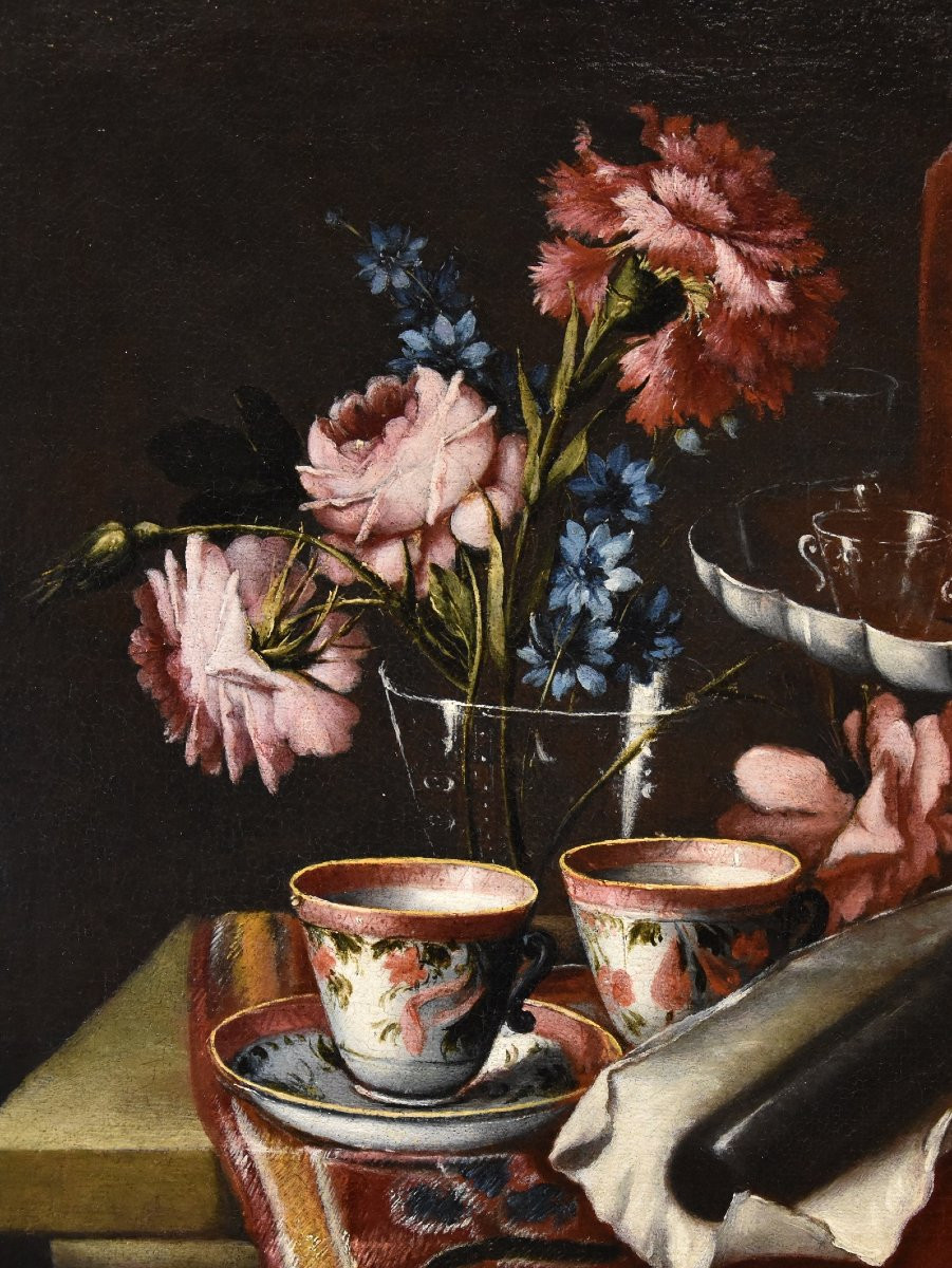 Giacomo Nani (Porto Ercole 1698 - Napoli 1770), Natura morta con fiori, alzata con cristalli...-photo-3