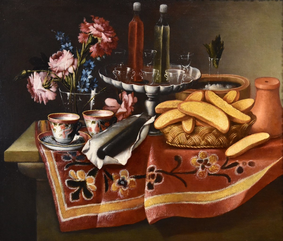 Giacomo Nani (Porto Ercole 1698 - Napoli 1770), Natura morta con fiori, alzata con cristalli...
