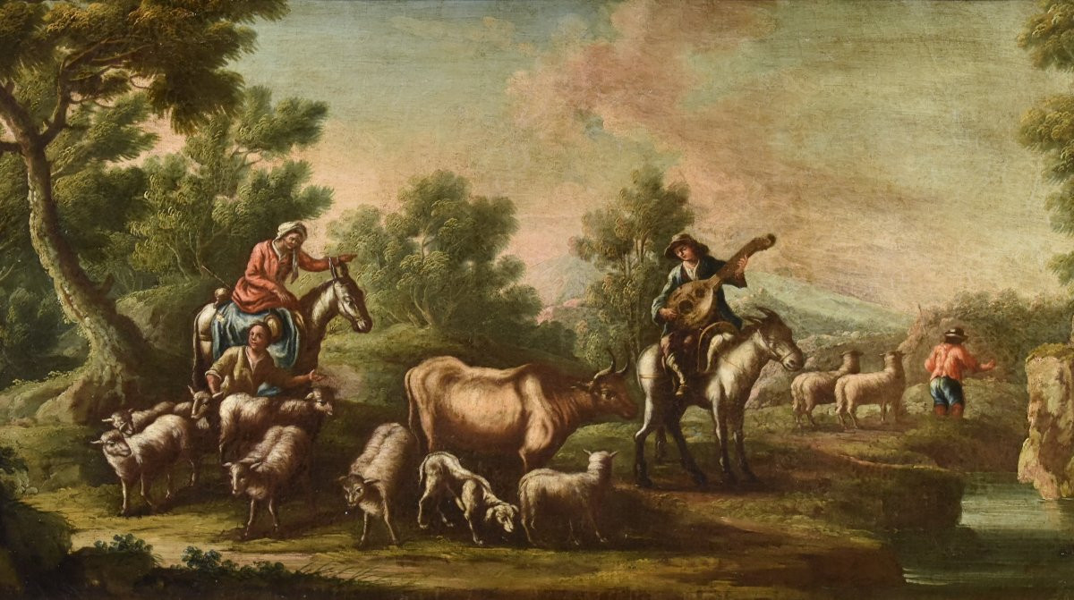 Christian Reder (Lipsia 1656 - Roma 1729)  Paesaggio con idillio pastorale-photo-2