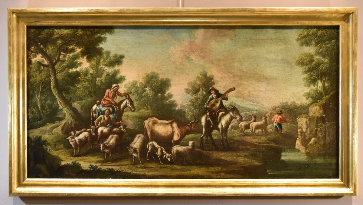 Christian Reder (Lipsia 1656 - Roma 1729)  Paesaggio con idillio pastorale