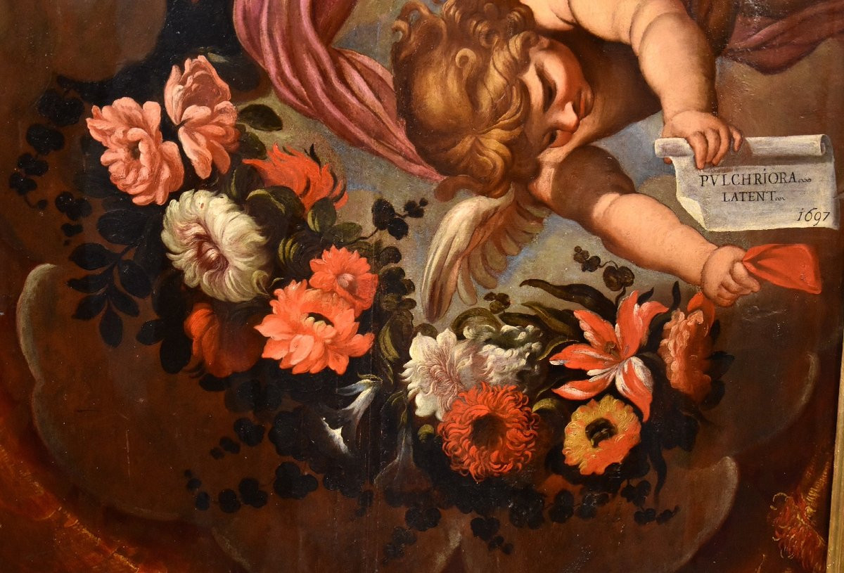 Coppia di angeli con festone floreale, Carlo Maratta (Camerano, 1625 - Roma, 1713) Bottega di -photo-1