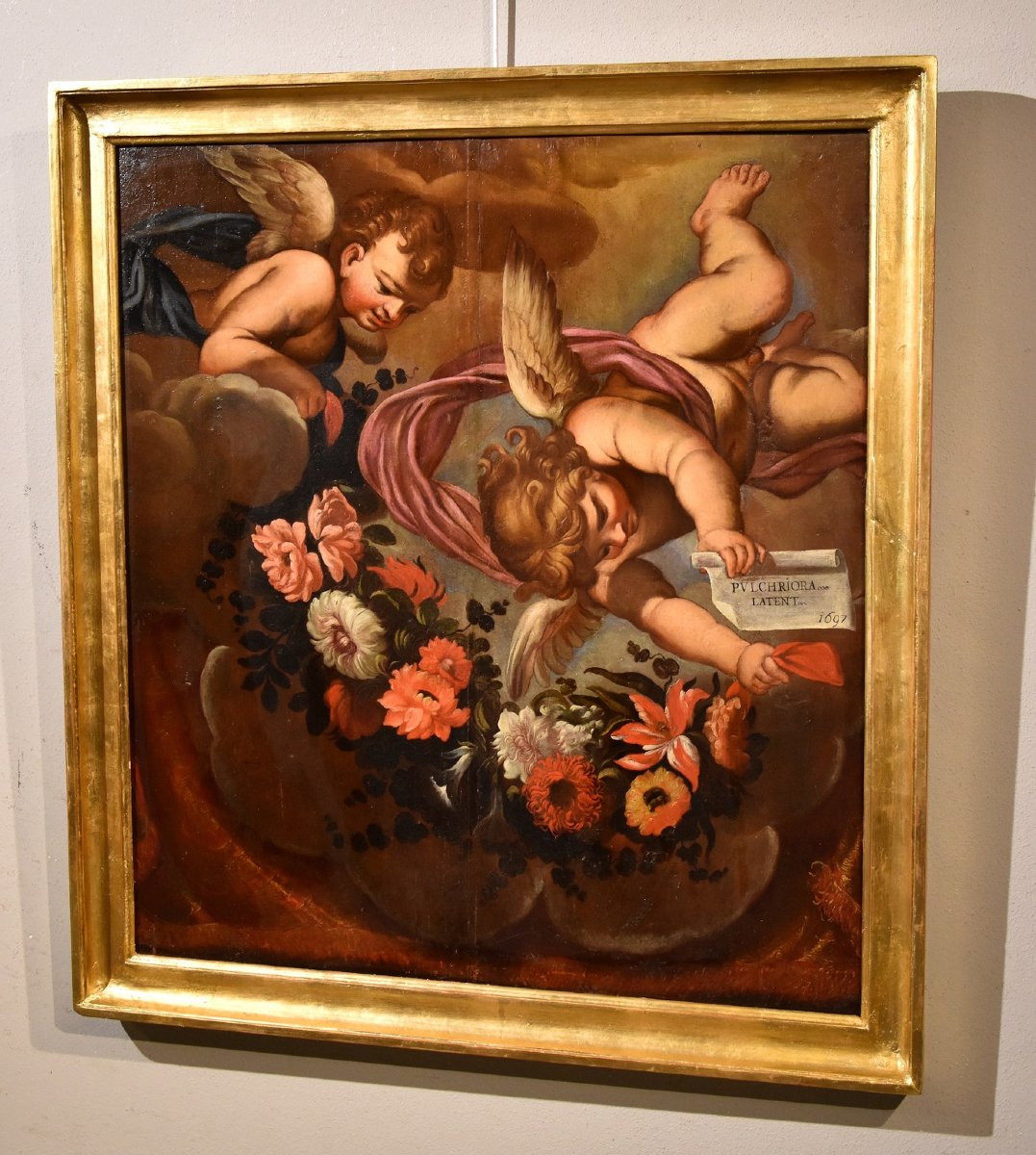 Coppia di angeli con festone floreale, Carlo Maratta (Camerano, 1625 - Roma, 1713) Bottega di -photo-2