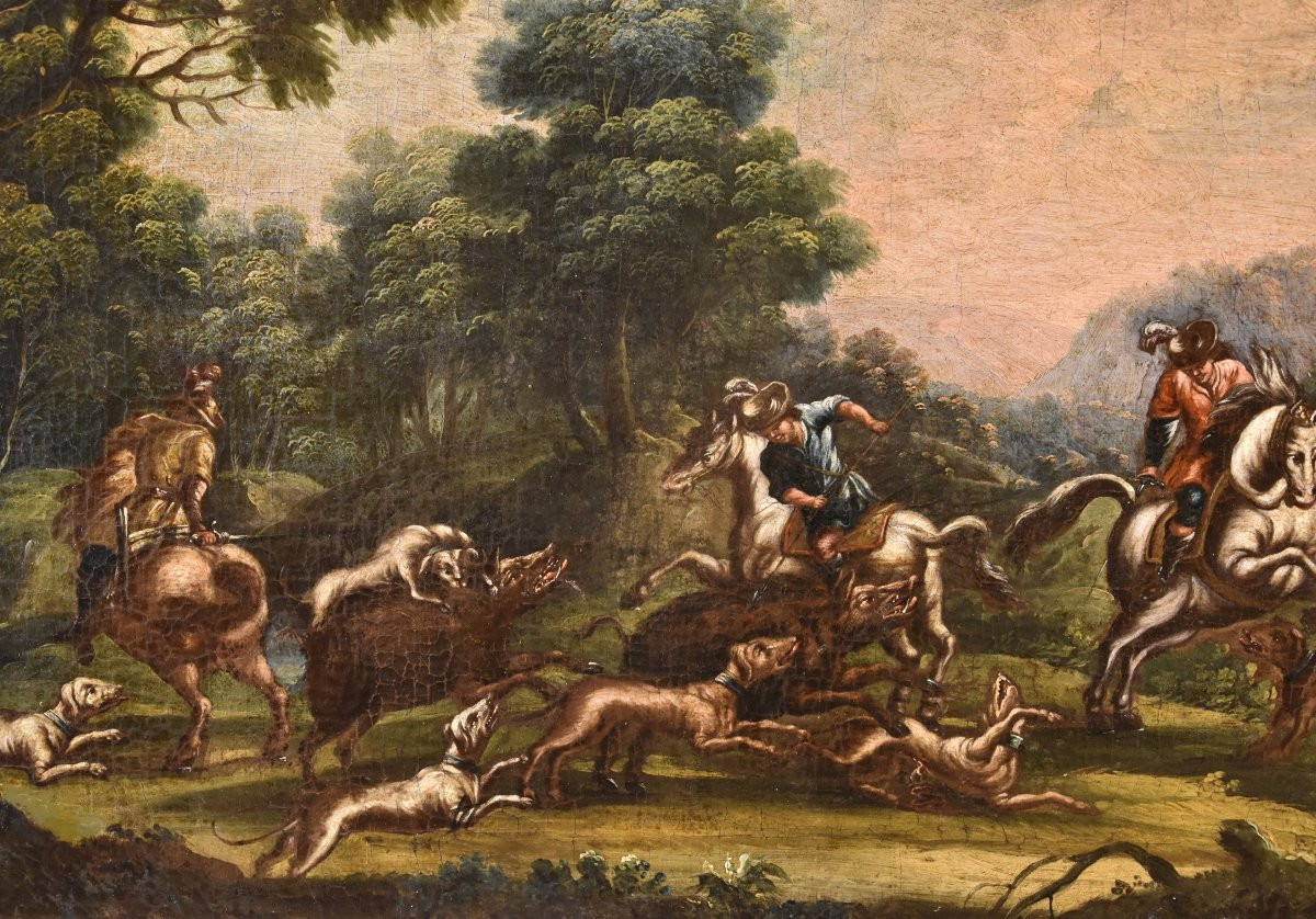 Christian Reder (Lipsia 1656 - Roma 1729) Paesaggio con caccia al cinghiale-photo-3