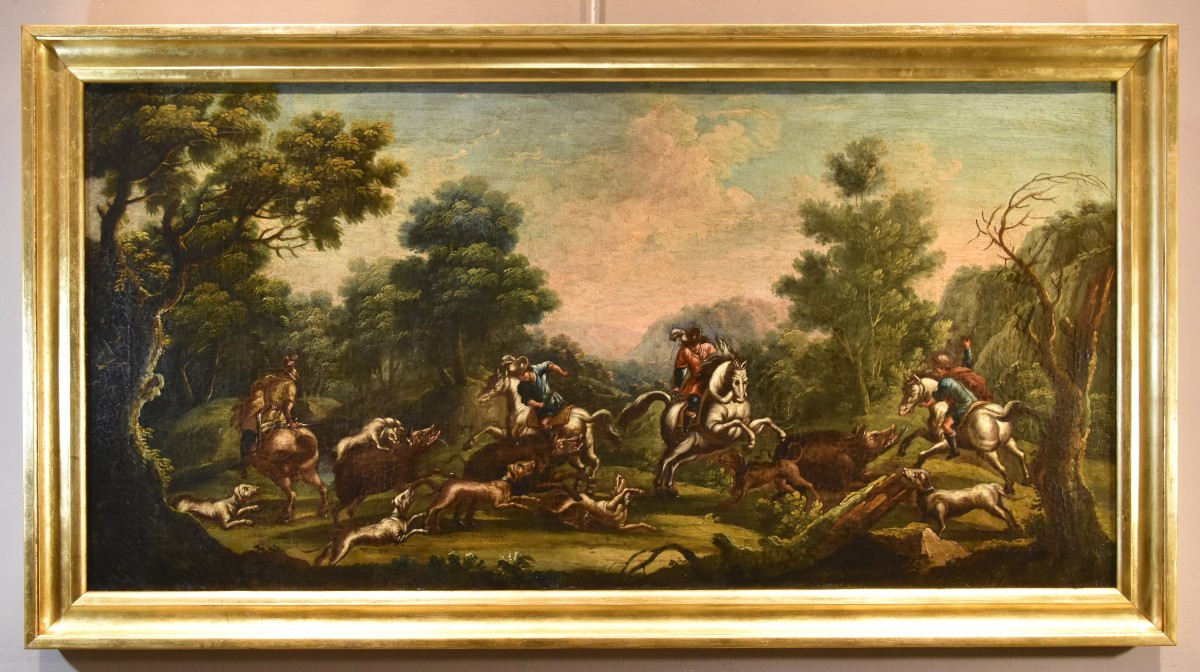 Christian Reder (Lipsia 1656 - Roma 1729) Paesaggio con caccia al cinghiale