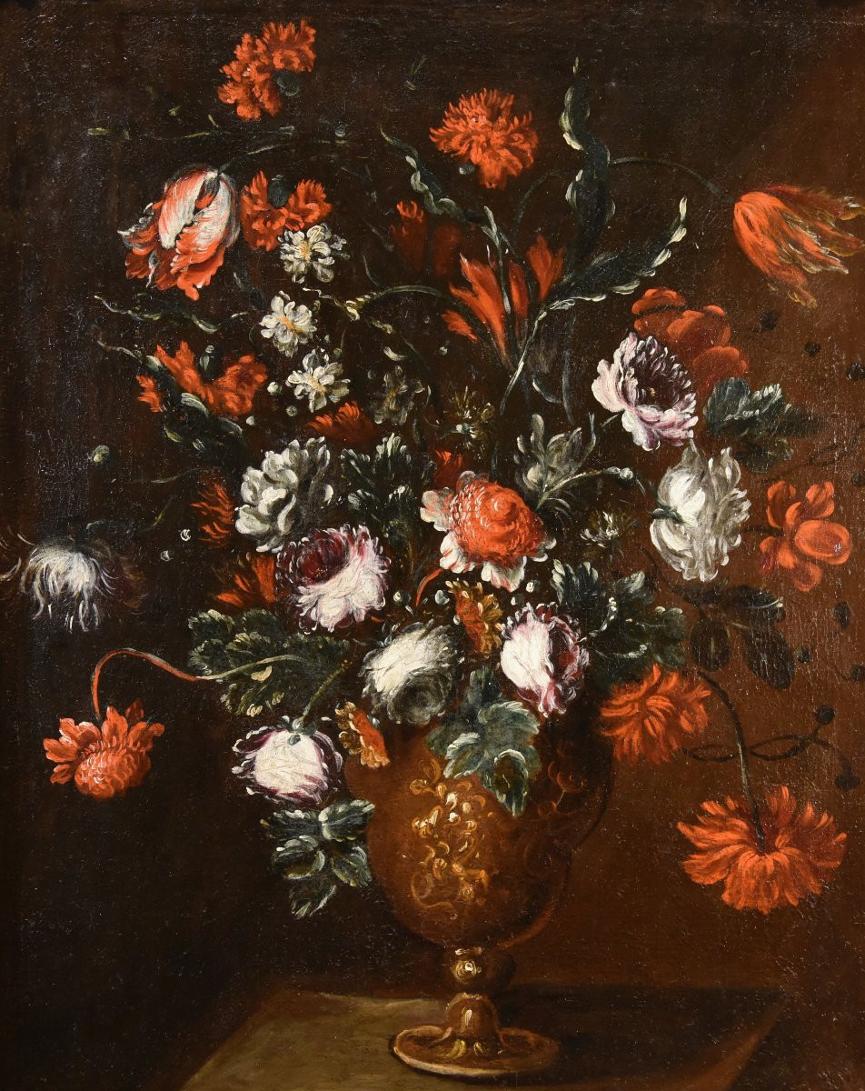 Francesca Volò Smiller (Milano, 1657 - 1700), Composizione floreale in vaso sbalzato-photo-1