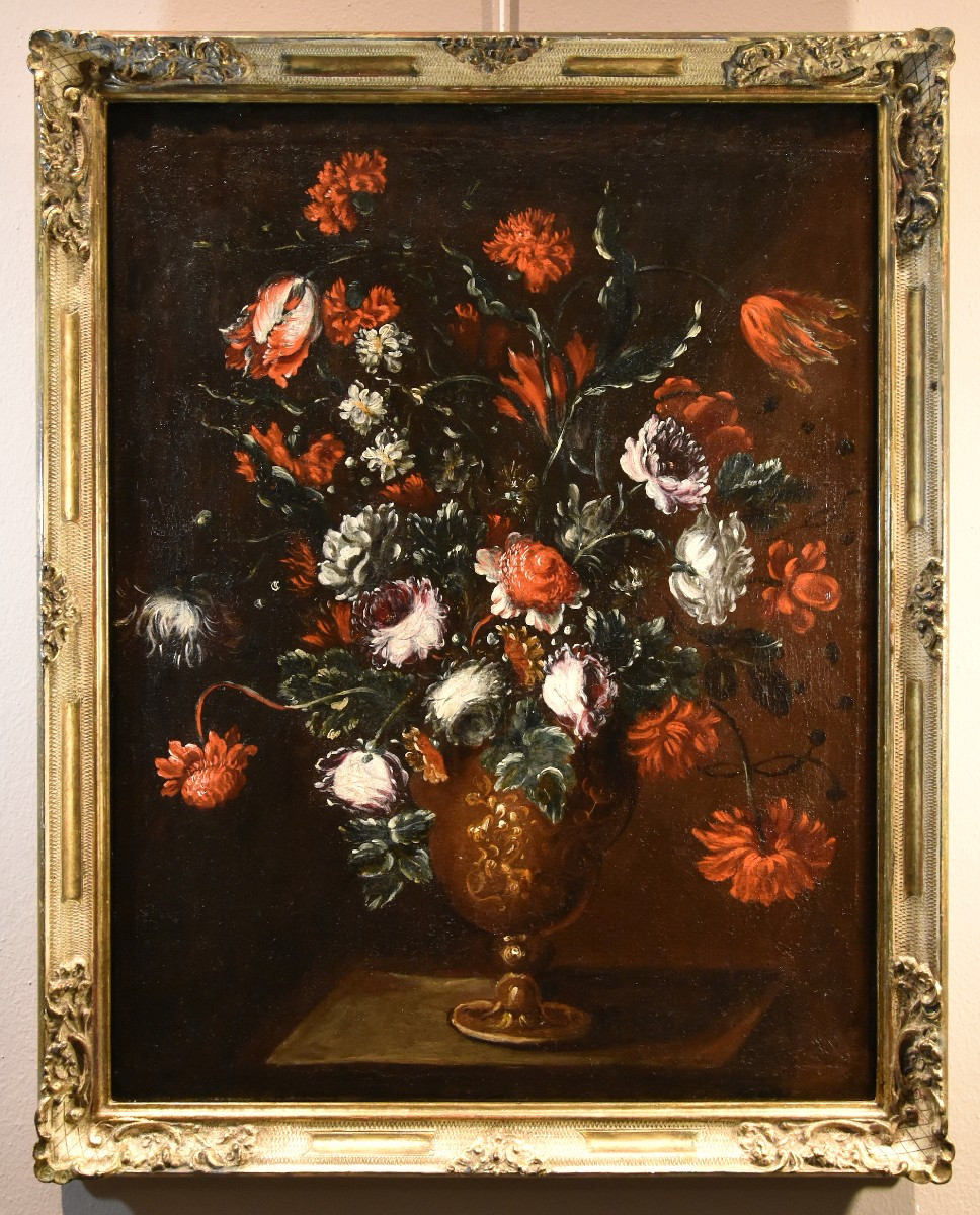 Francesca Volò Smiller (Milano, 1657 - 1700), Composizione floreale in vaso sbalzato