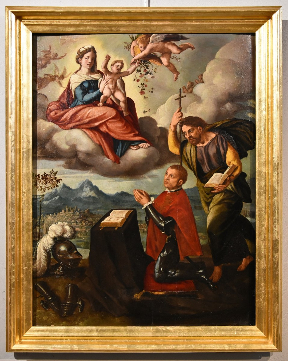 Madonna con Bambino, San Giacomo e il donatore, Ippolito Scarsella (Ferrara, 1550 - 1620) botte