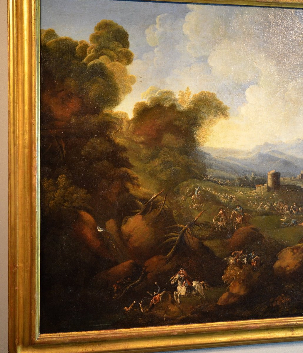 Paesaggio costiero con città fortificata, castello e scena di battaglia-photo-1
