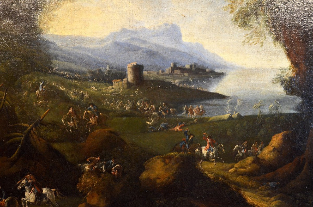 Paesaggio costiero con città fortificata, castello e scena di battaglia-photo-3