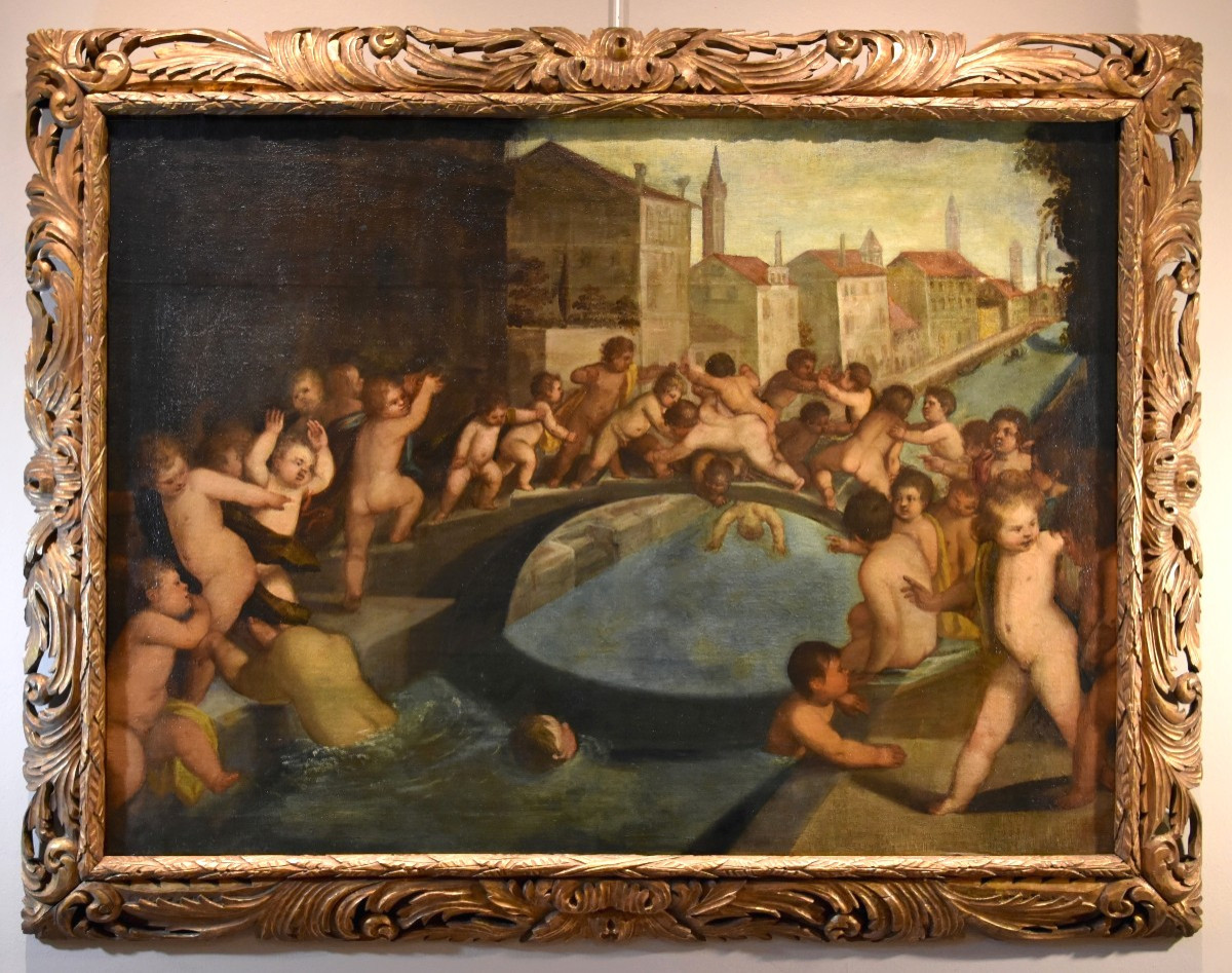 Lotta tra putti sul ponte dei Pugni a Venezia, bottega Tiziano Vecellio (1490 - 1576)