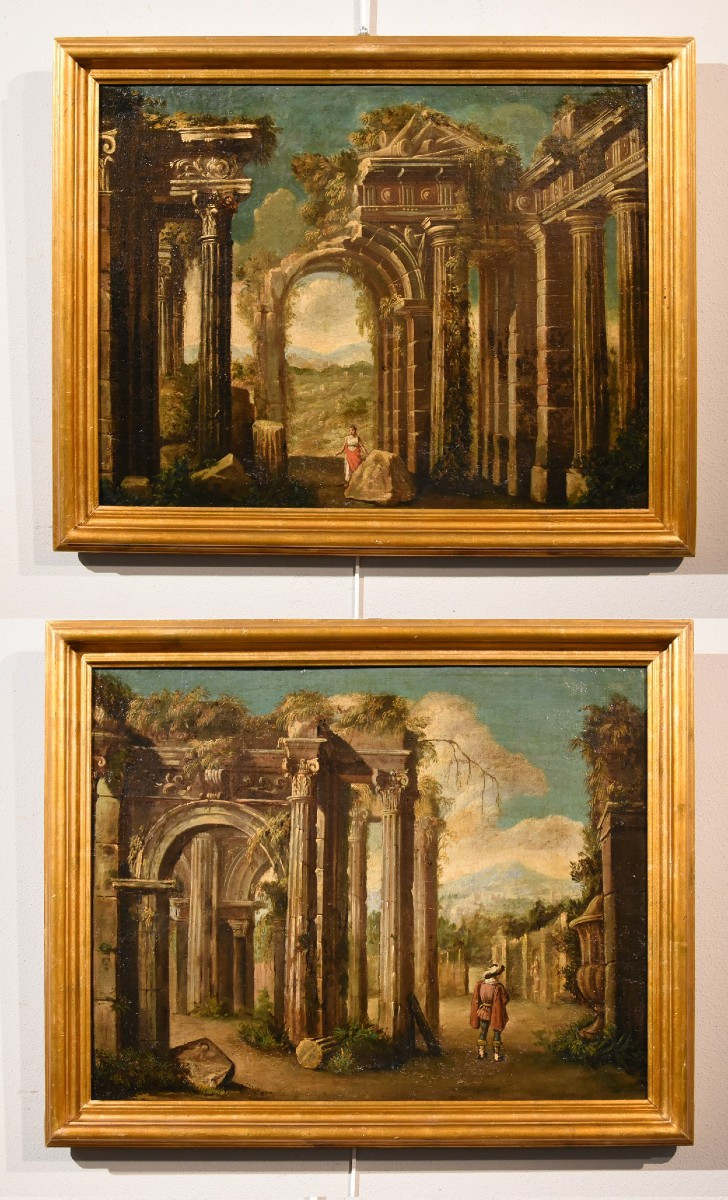 Coppia di capricci con rovine classiche, Niccolò Codazzi (Napoli 1642 - Genova 1693) seguace