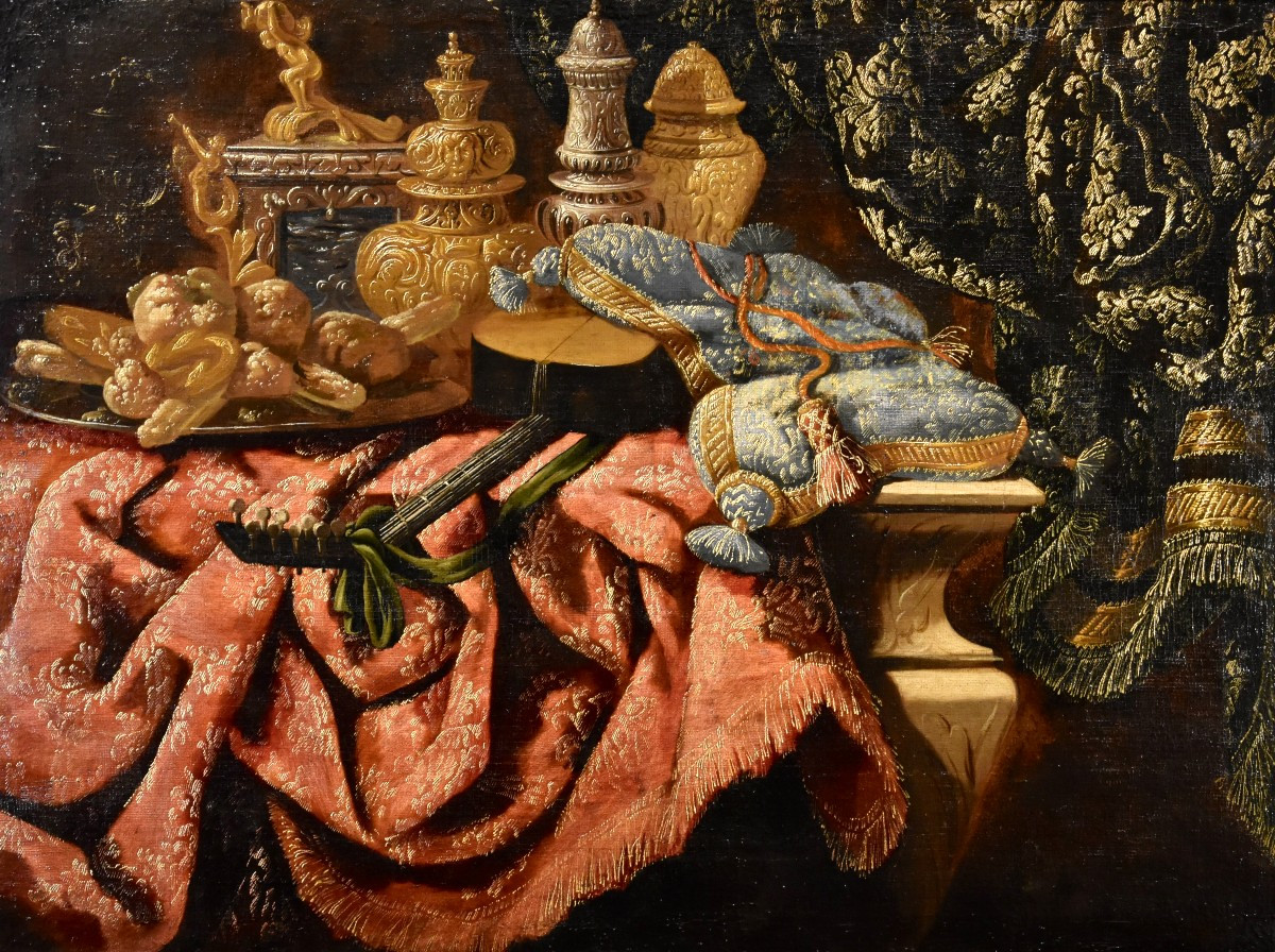 Antonio Tibaldi (Roma, 1633 circa - 1684 circa), Natura morta con oggetti preziosi...