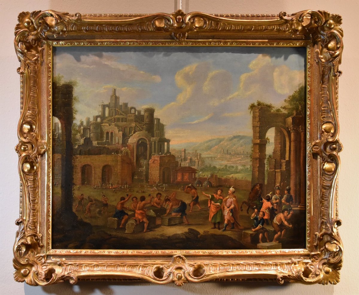 Costruzione della Torre di Babele, Pittore fiammingo XVII-XVIII secolo-photo-2