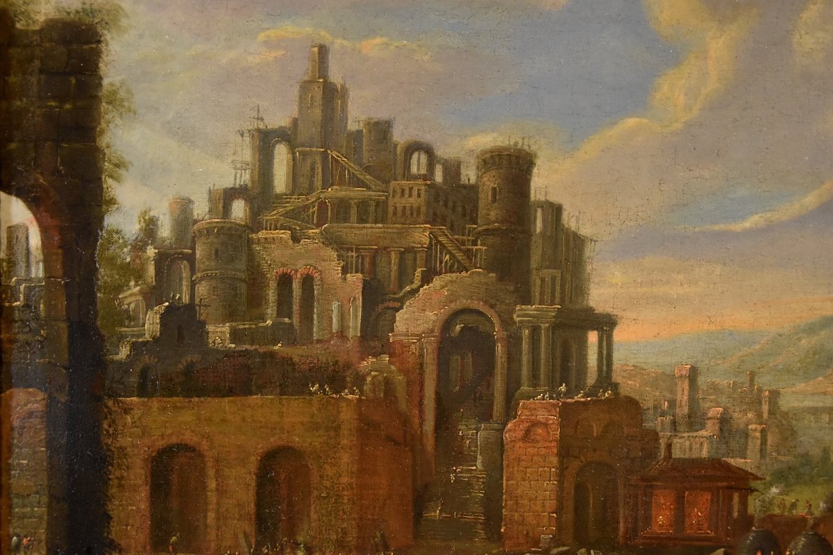 Costruzione della Torre di Babele, Pittore fiammingo XVII-XVIII secolo-photo-2