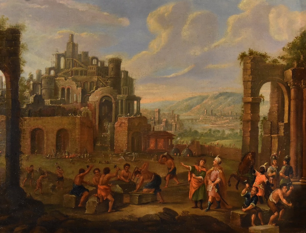 Costruzione della Torre di Babele, Pittore fiammingo XVII-XVIII secolo