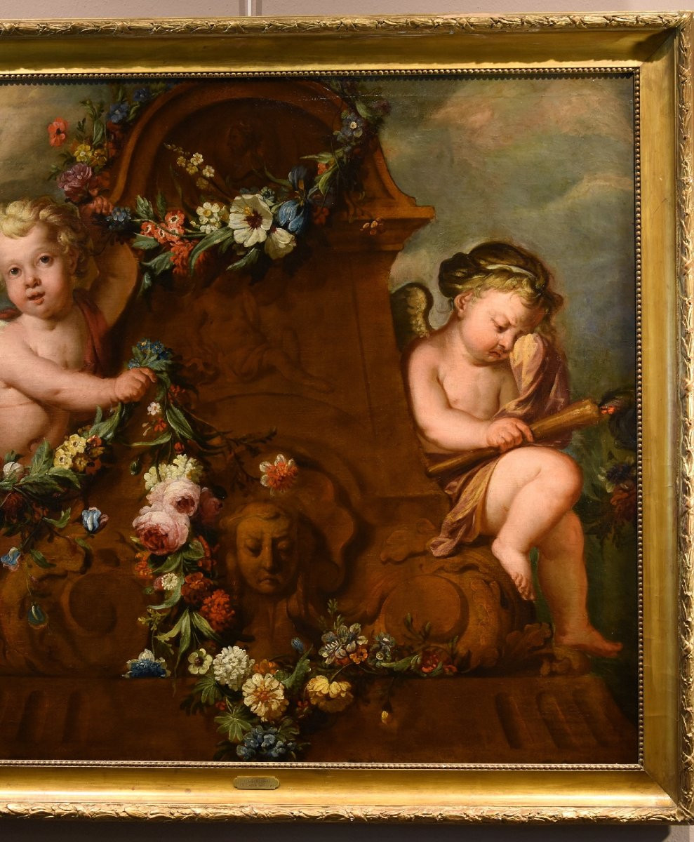 Jacob De Wit (Amsterdam, 1695 - 1754), Coppia di amorini con ghirlanda di fiori-photo-4