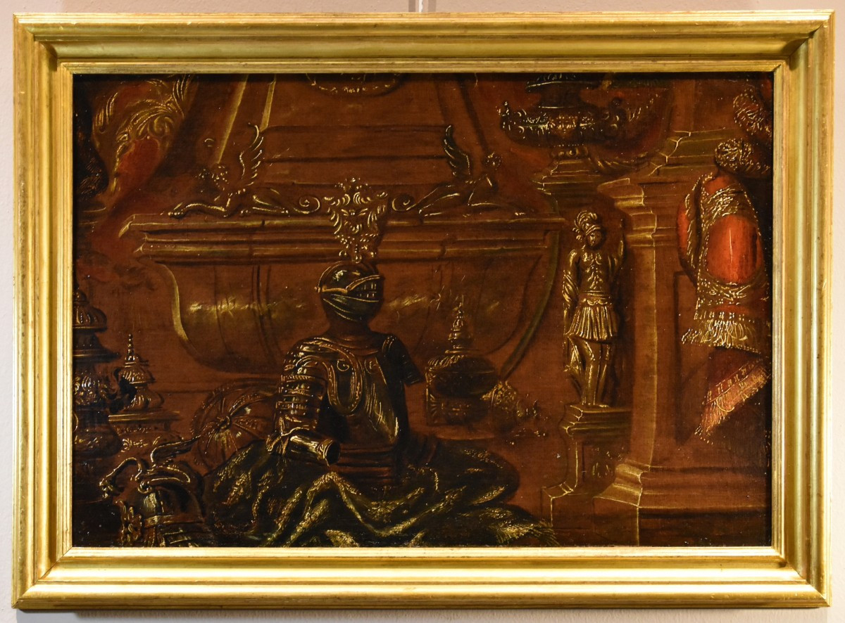 Antonio Tibaldi (Roma, 1635 c. - post 1675), Natura morta con armature, tendaggi ed 