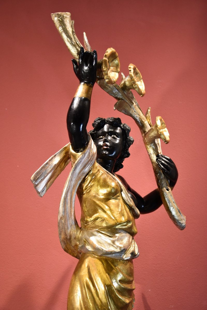 Antica scultura di Moretto femminile con cornucopia fiorita, Scultore veneziano XIX secolo-photo-4