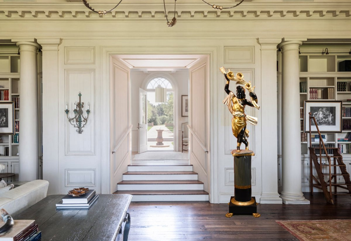 Antica scultura di Moretto femminile con cornucopia fiorita, Scultore veneziano XIX secolo-photo-2