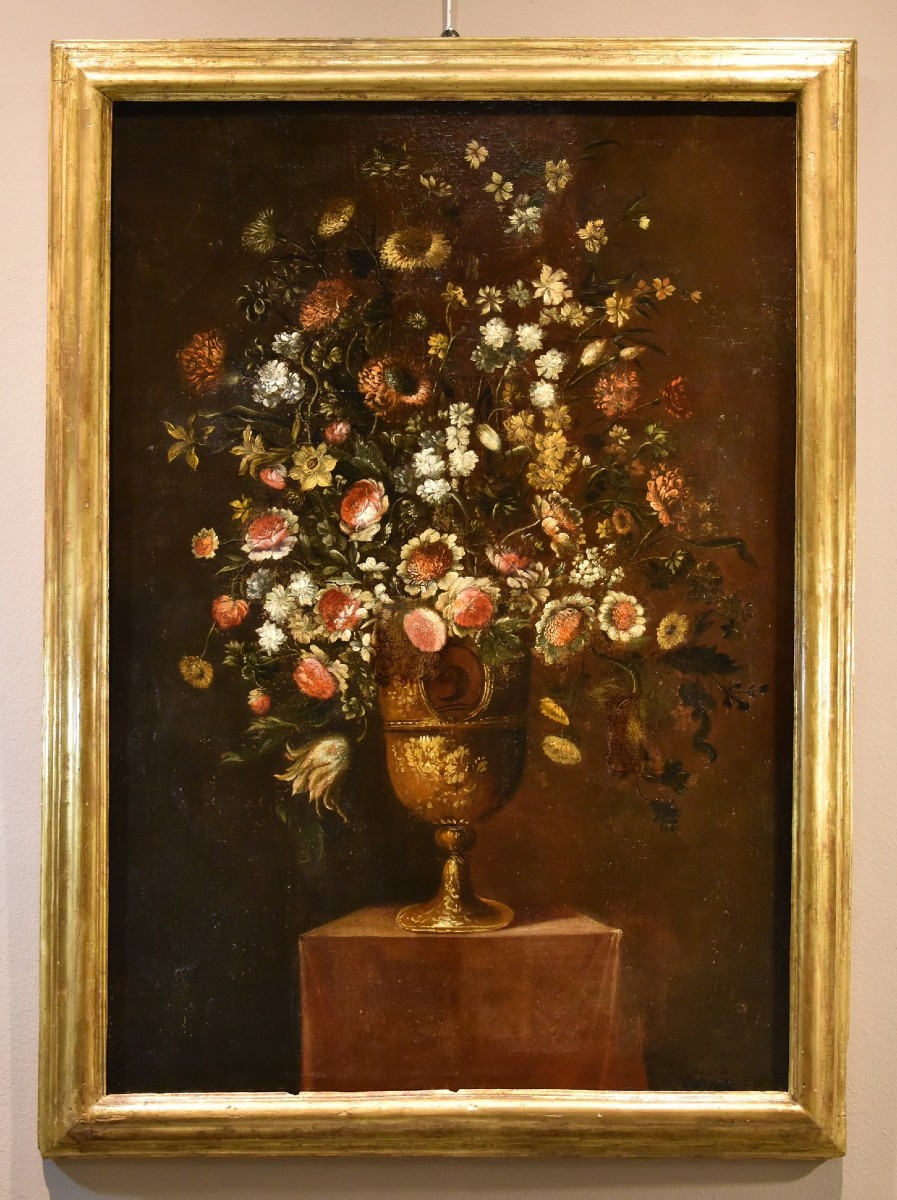 Andrea Scacciati (Firenze 1642 – 1710) Composizione di fiori entro vaso sbalzato (2 di 3)