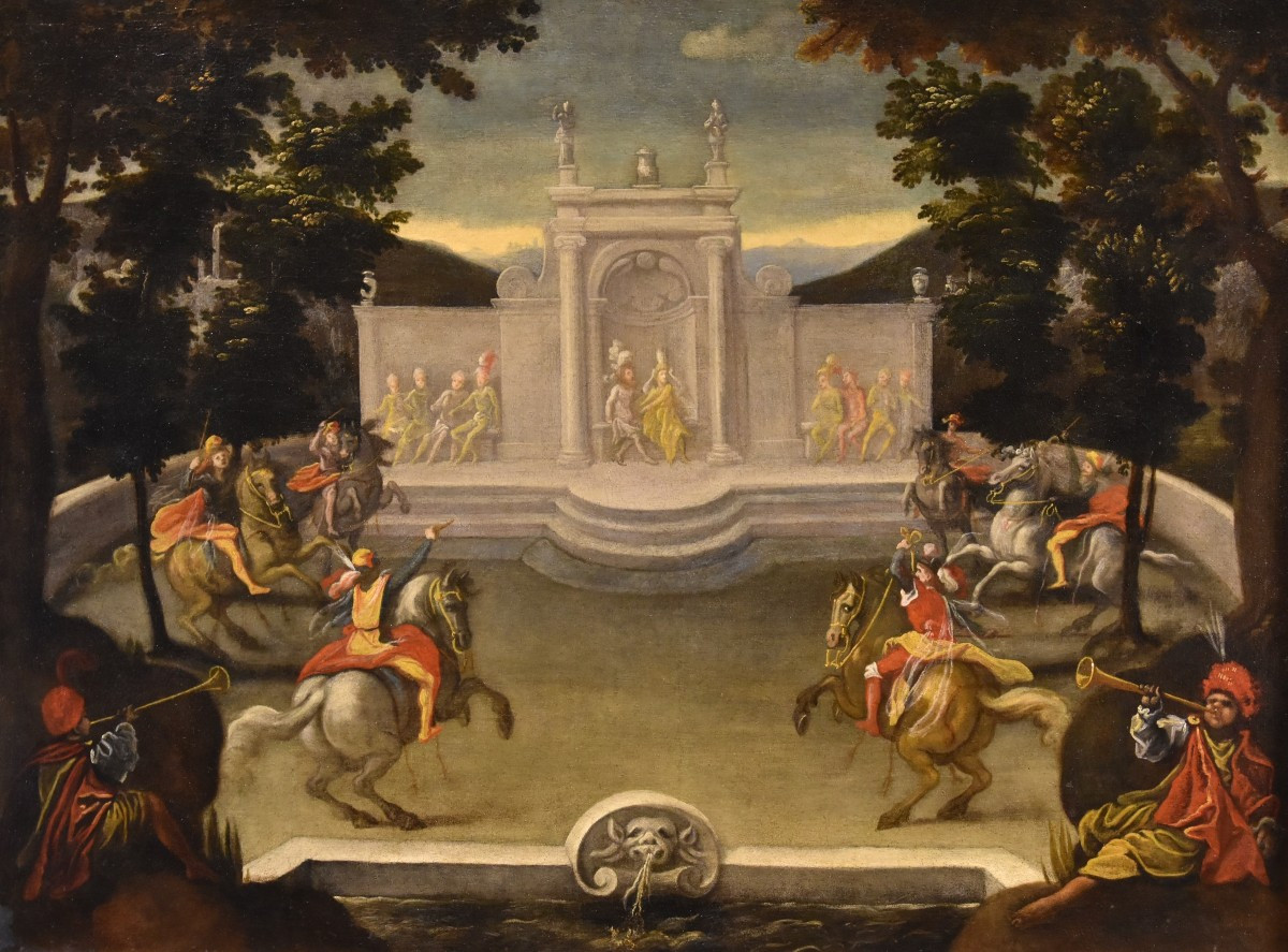 Giardino rinascimentale con festa cavalleresca, Isaac de Moucheron (Amsterdam 1667-1744) cerc