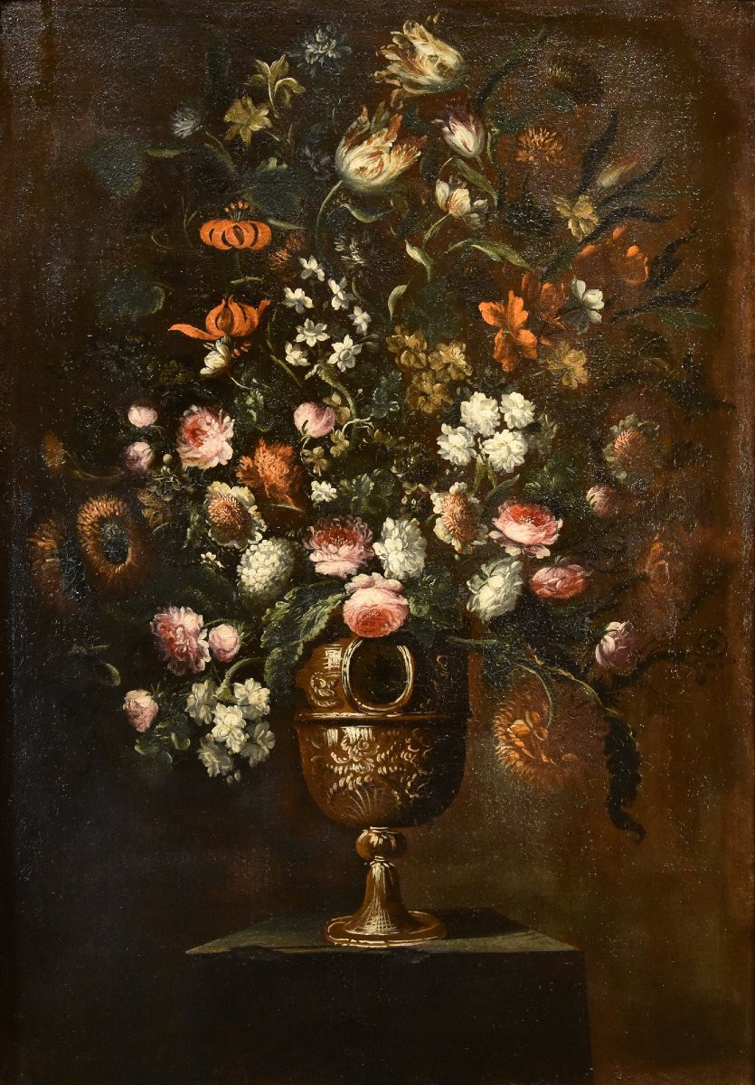 Andrea Scacciati (Firenze 1642 – 1710) Composizione di fiori entro vaso sbalzato (3 di 3)-photo-2