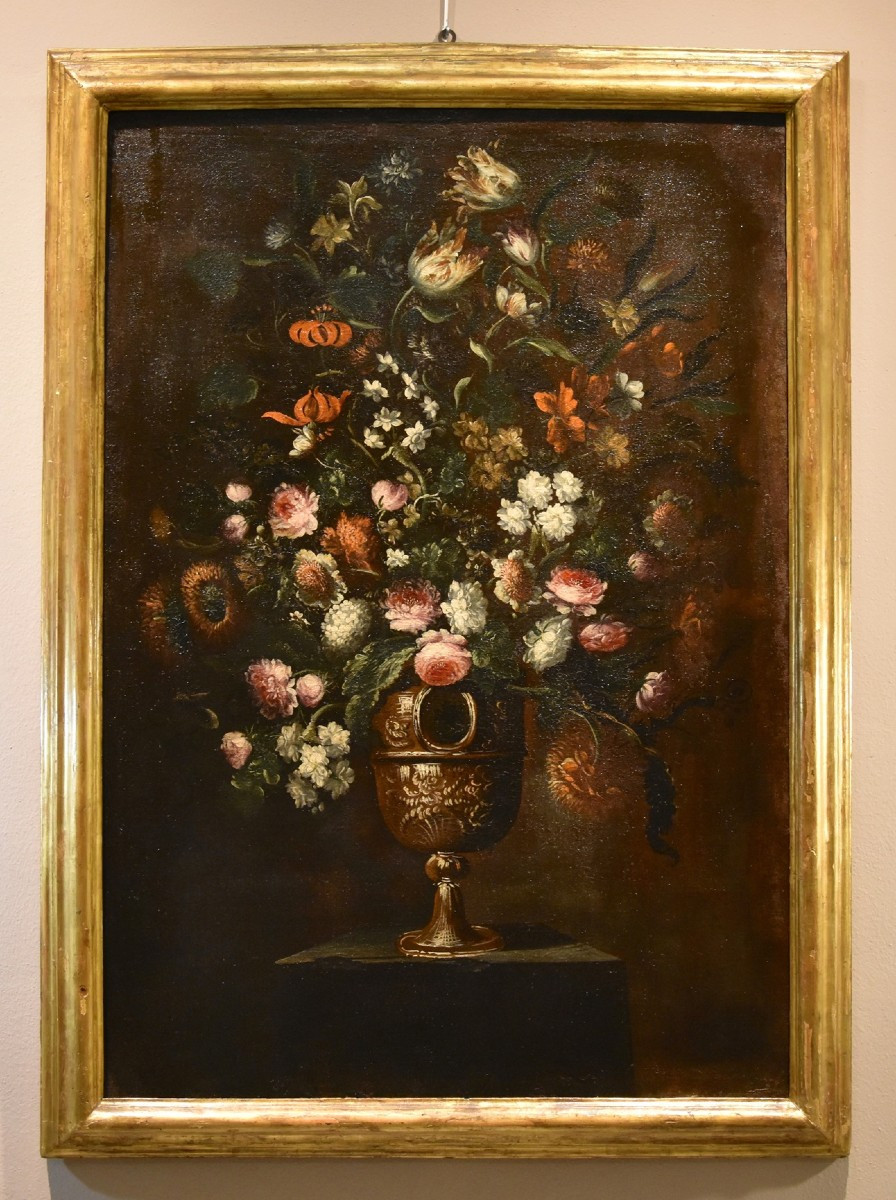 Andrea Scacciati (Firenze 1642 – 1710) Composizione di fiori entro vaso sbalzato (3 di 3)