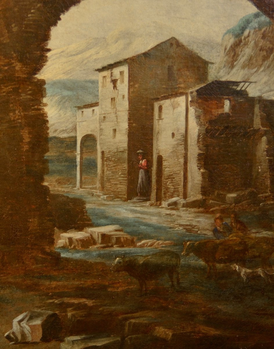 Antonio Travi (Sestri Ponente 1608 - Genova 1665), Paesaggio con rovine e scena biblica-photo-3