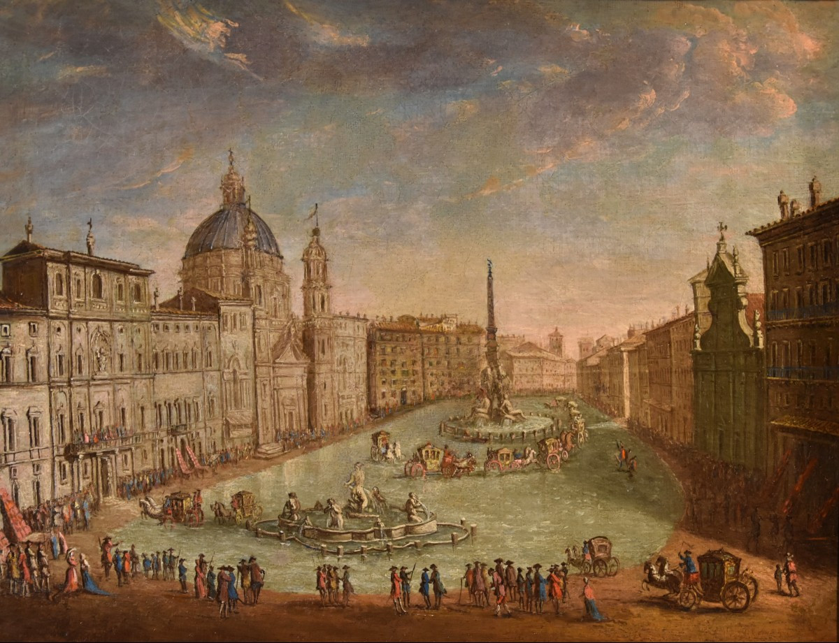 Veduta di Roma con Piazza Navona allagata, Giacomo Van Lint (Roma 1723 - 1790) Attribu