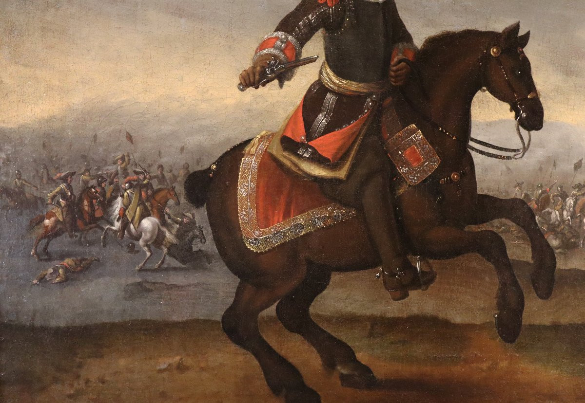 Ritratto equestre con scena di battaglia, Cerchia di Adam Frans van der Meulen (1632 - 1690)-photo-1
